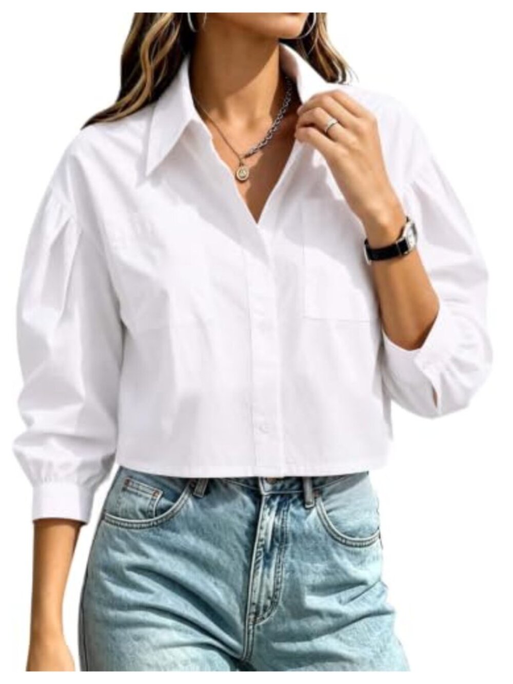 Remidoo Women's Cropped Button Down Puff Sleeve Blouse with Pocket